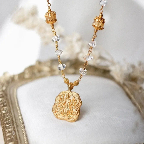 Durga Ma Mala – Schutzkette mit Citrin & Herkimer Diamanten | Göttin Durga Anhänger | Spiritueller Schmuck